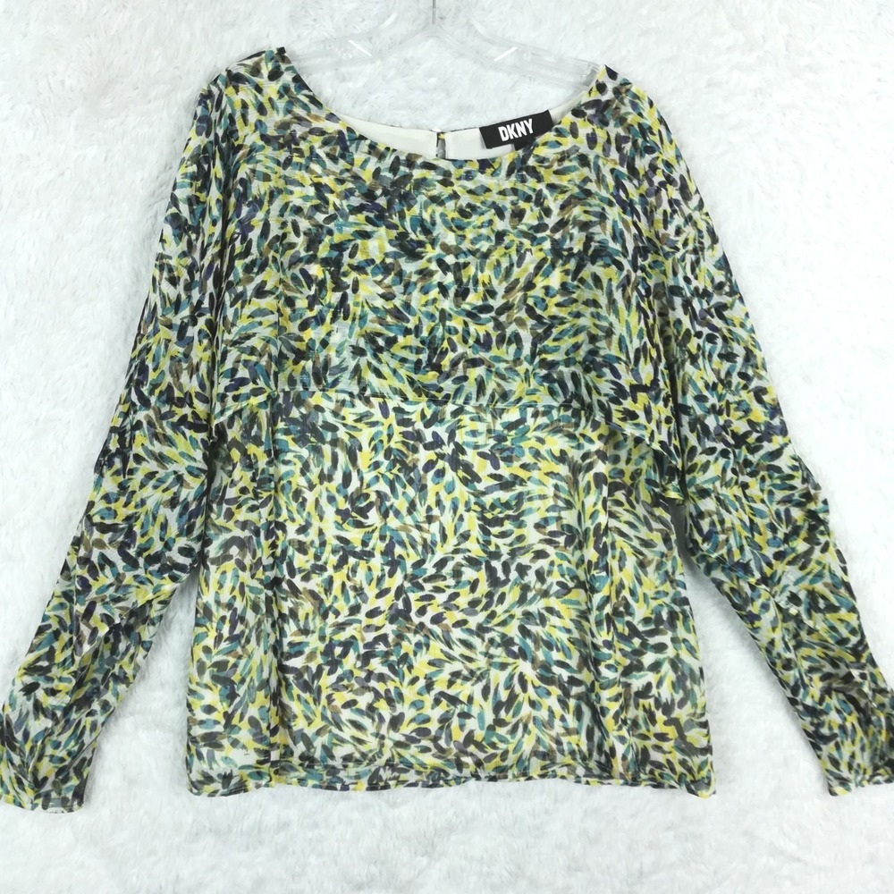 DKNY Womens Blouse Top Cold Shoulder Layered Yellow Blue‎ Abstract Print XL